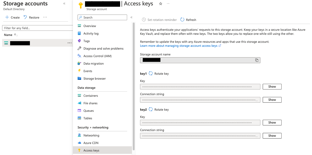 Access keys location in Azure