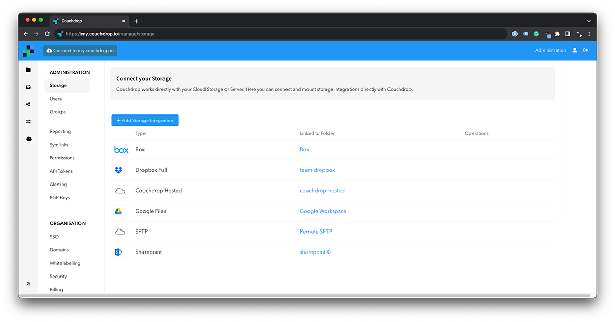 Some Couchdrop Storage Integrations that can connect with SFTP