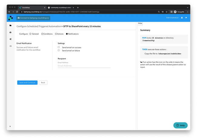Couchdrop Email Notifications for SFTP to SharePoint automation