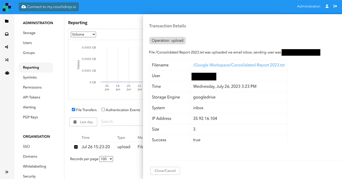 Couchdrop File Transfer Audit Log Report