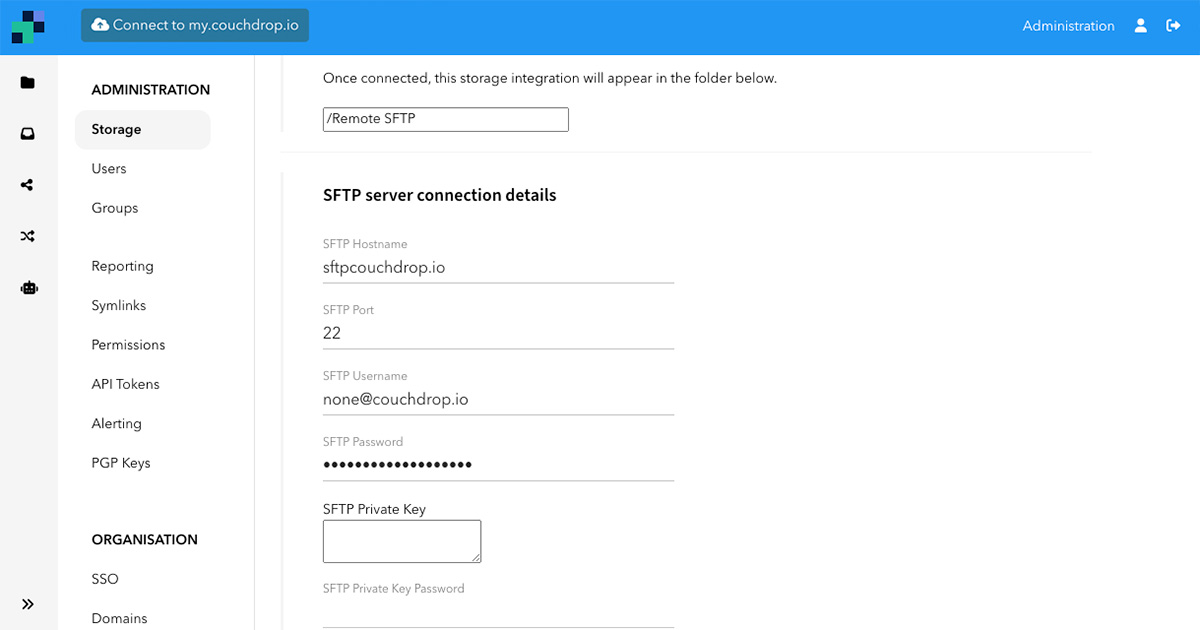 Couchdrop Remote SFTP Connection Details
