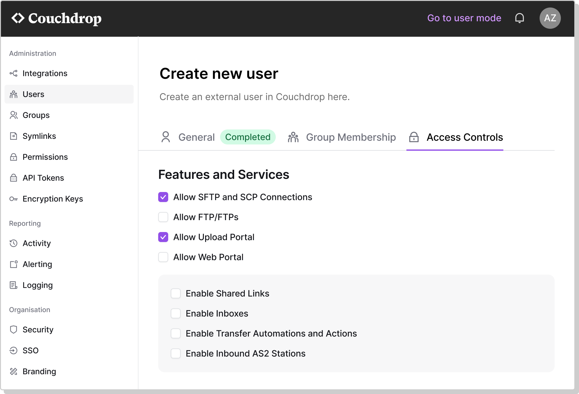 Dashboard Admin Console - Access controls