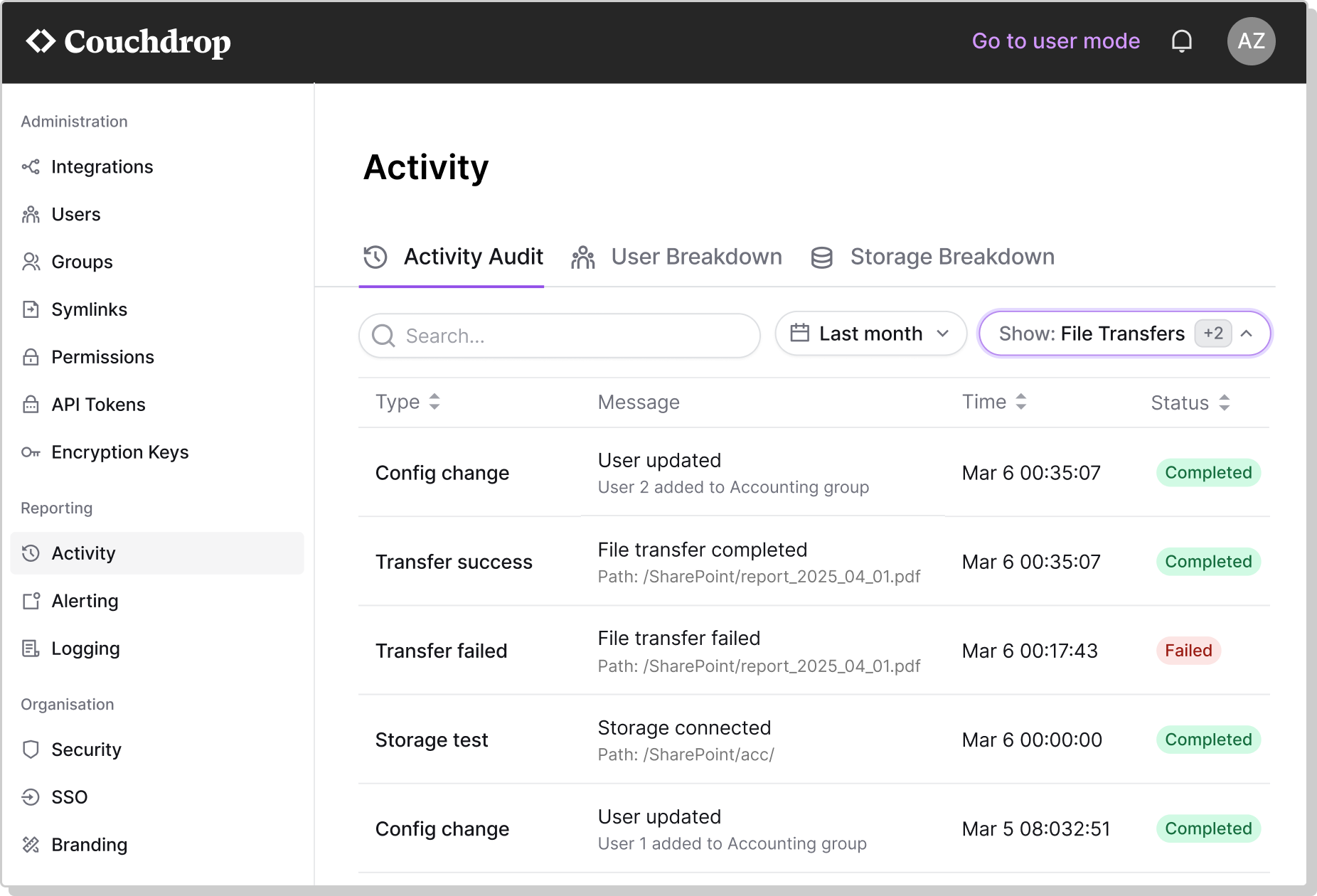 Activity logs on the Couchdrop dashboard admin console