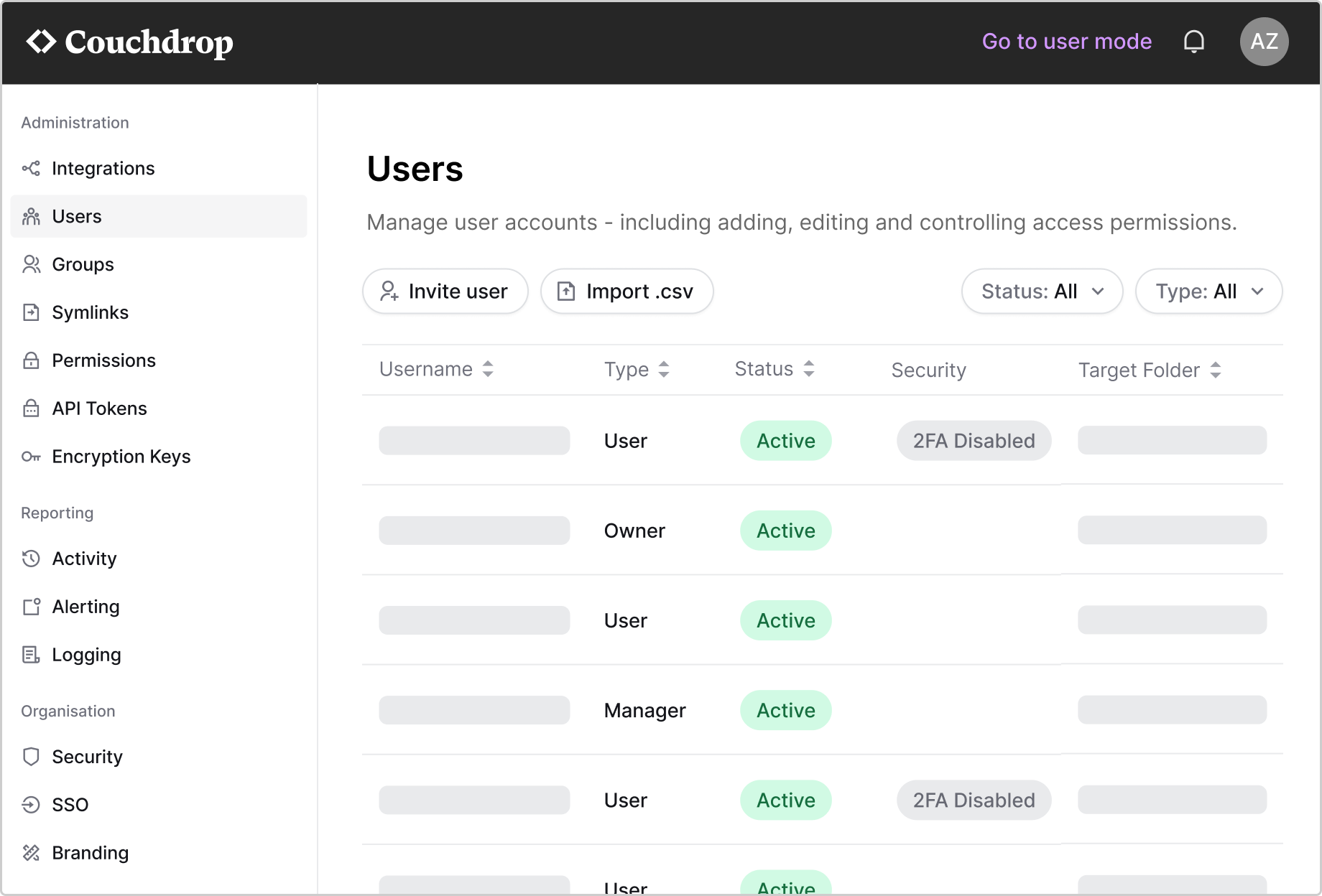 Dashboard Admin Console - Users