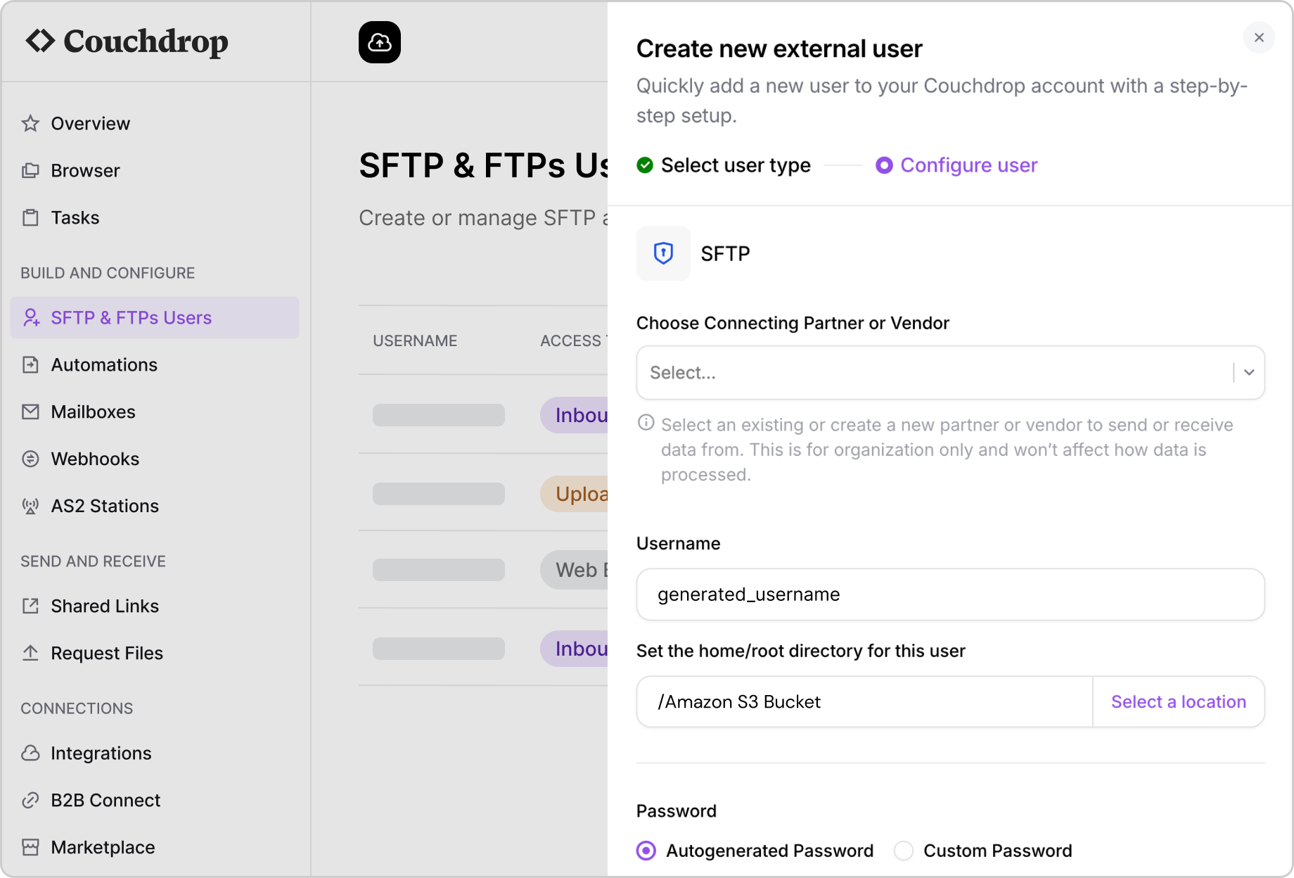 Configuring a new SFTP user