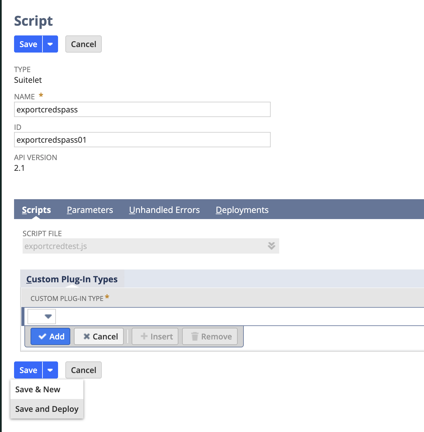 NetSuite Credentials Save and Deploy