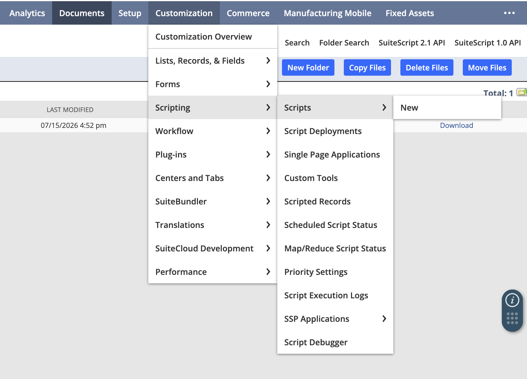NetSuite Scripts Menu