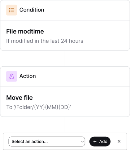 Automation builder showing steps - if file modified in the last 24 hours, move to folder called YY MM DD