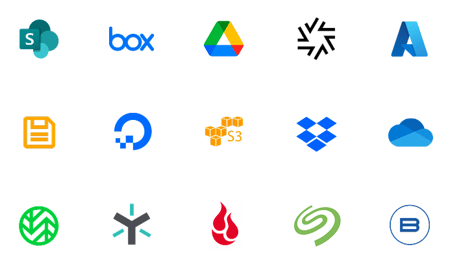 Cloud storage logos including SharePoint, Box, Google Drive, Sharefile, Azure, Digital Ocean, Dropbox and Backblaze.