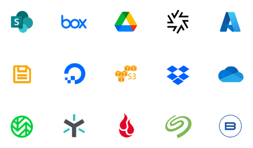 Cloud storage logos including SharePoint, Box, Google Drive, Sharefile, Azure, Digital Ocean, Dropbox and Backblaze.