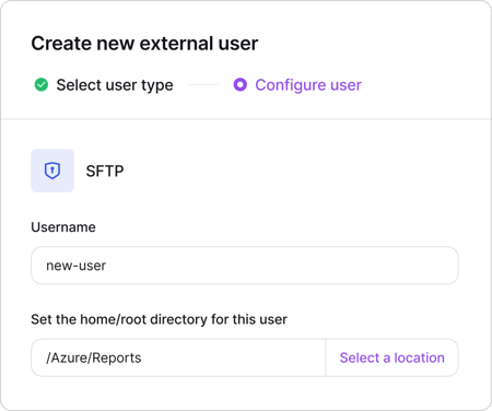 Screenshot of Couchdrop UI showing simple creation of a new external SFTP user with a home directory in Azure