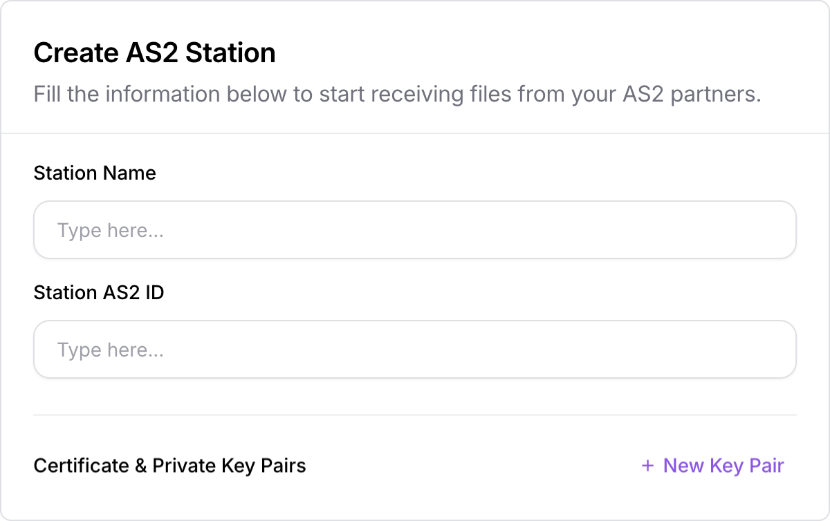 Couchdrop UI showing fields to create an inbound AS2 station