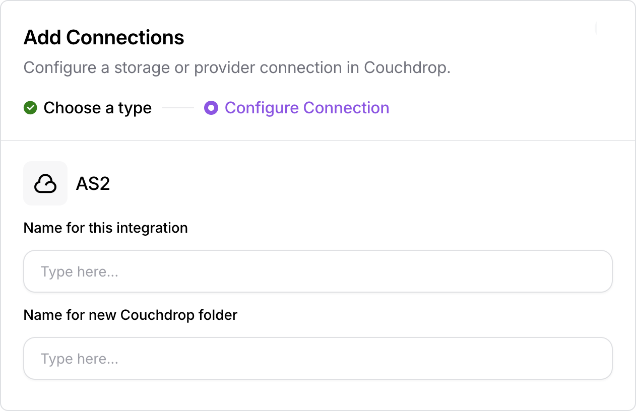 Couchdrop UI showing fields to configure an AS2 connection