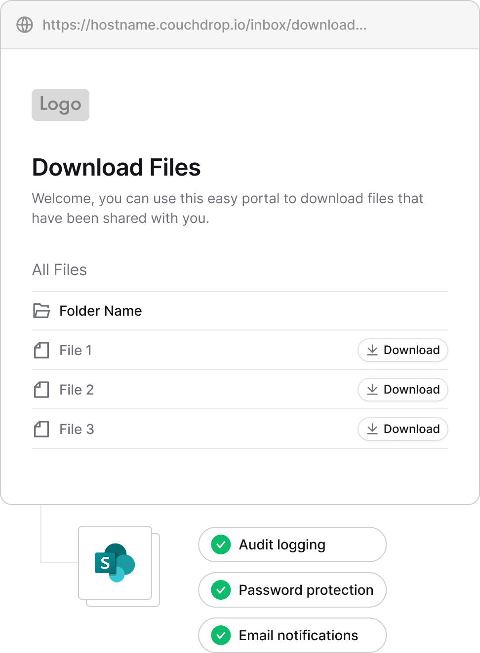 File download portal with audit logging and password protection