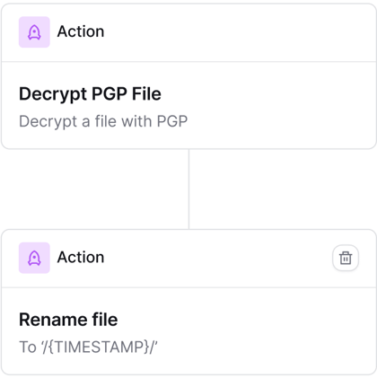Couchdrop UI showing a file automation steps to PGP decrypt then rename a file with a timestamp.