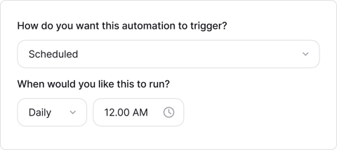 Image of Couchdrop UI, setting a scheduled transfer to run daily at 12.00am