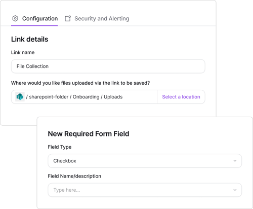 Product interface showing file upload link configuration options