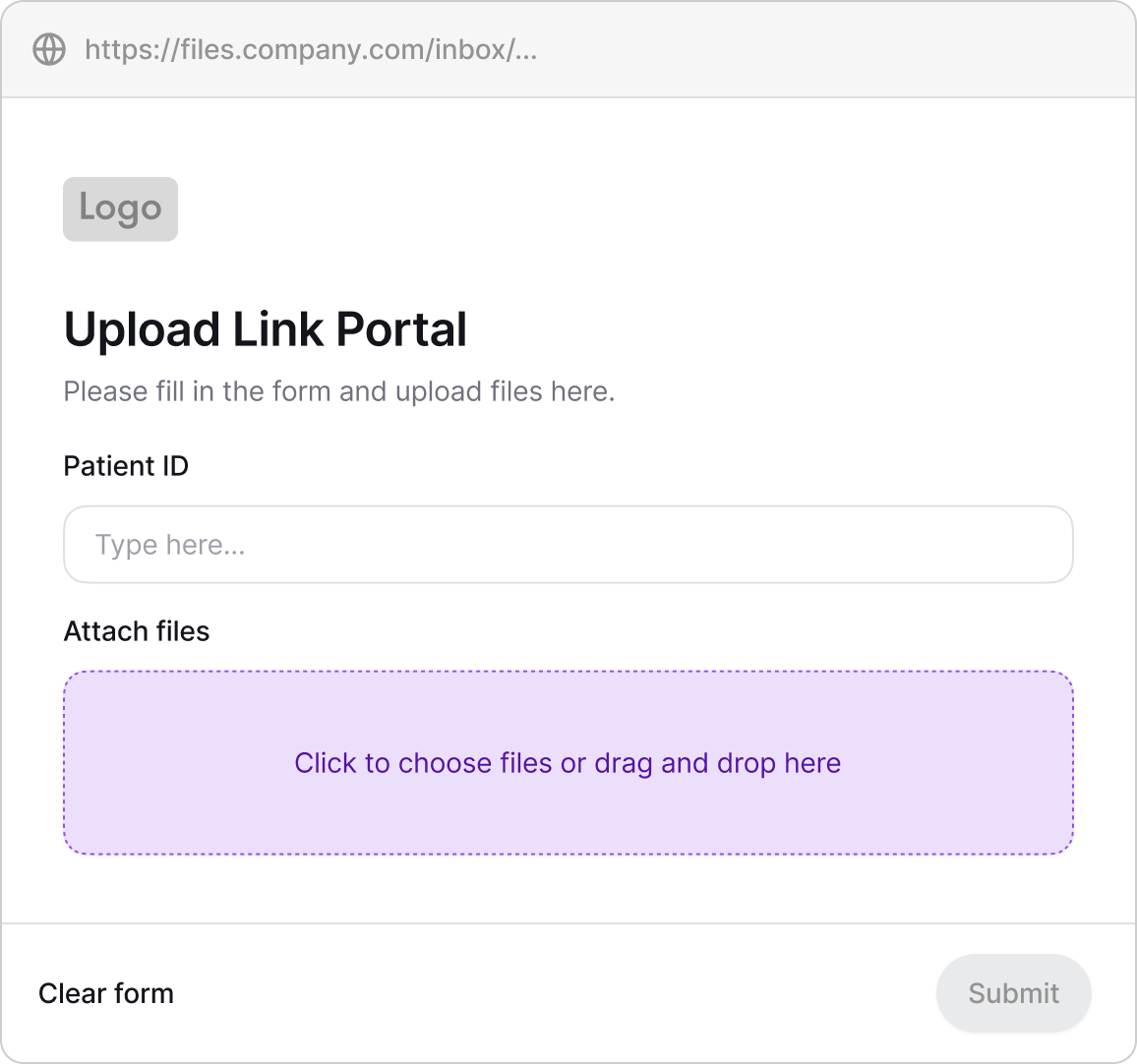 Screenshot of Couchdrop's upload link portal with form fields and space to drag and drop files