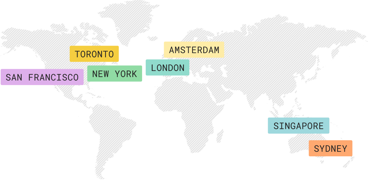 Map showing Couchdrop data centers in San Francisco, Toronto, New York, London, Amsterdam, Singapore and Sydney